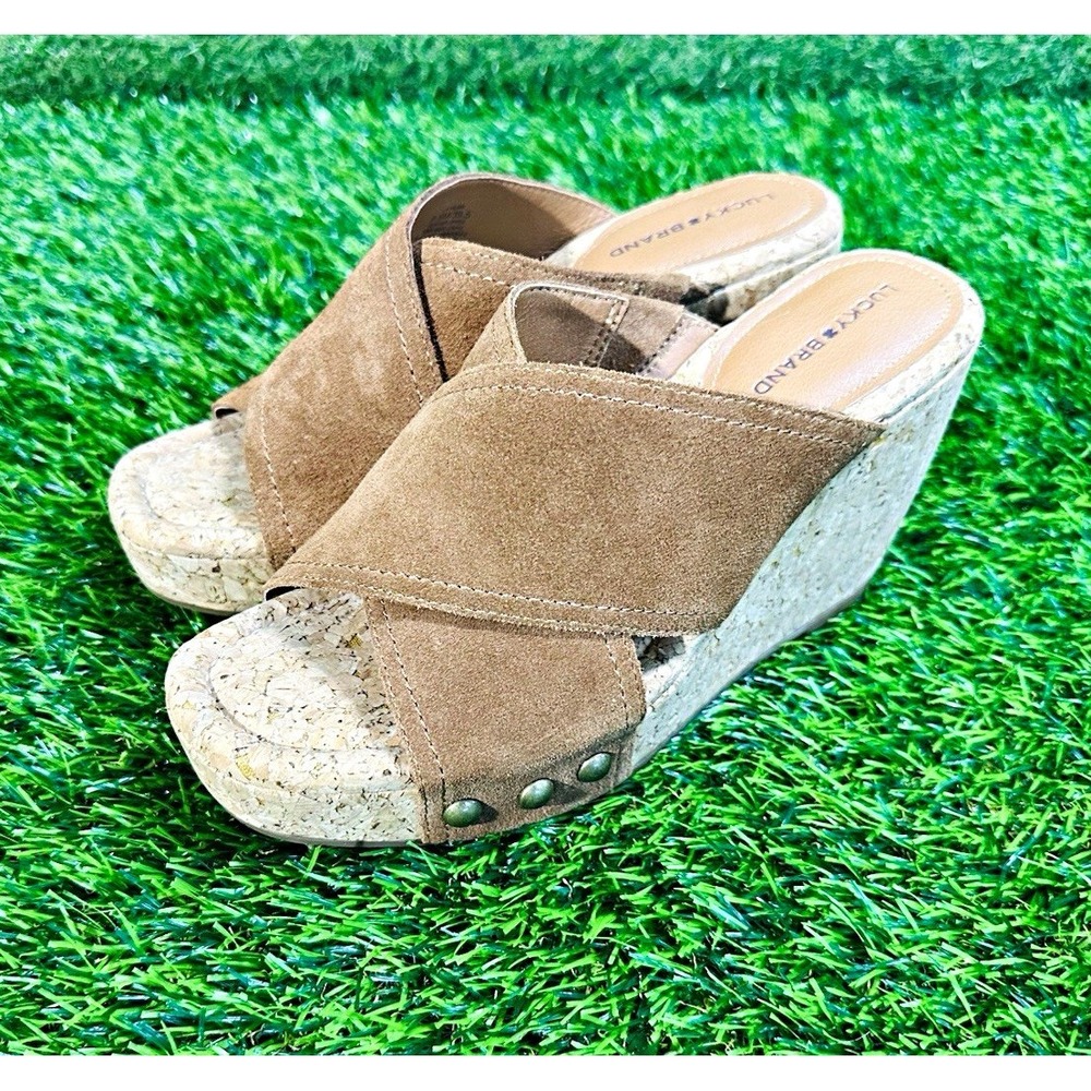 Lucky Brand Women's Brown Suede Studded Slip-On Wedge Sandals Cork Insole 8.5